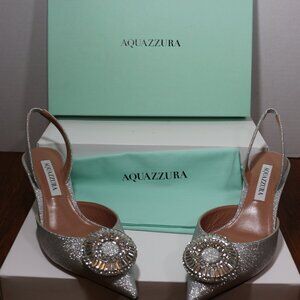 NEW IN BOX AQUAZZURA SILVER CRYSTAL HOOP SLINGBACK,
